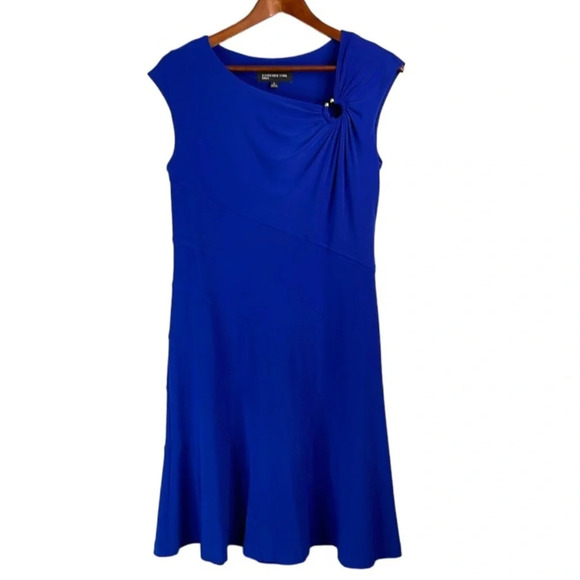 JONES NEW YORK Asymmetrical Ring Royal Blue Fit & Flare Midi Dress Cap Sleeve 6 - Picture 10 of 10